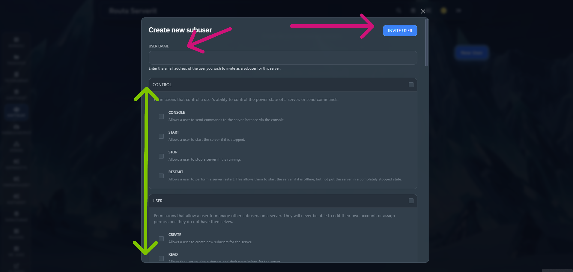 Syötä sähköposti ja oikeudet
