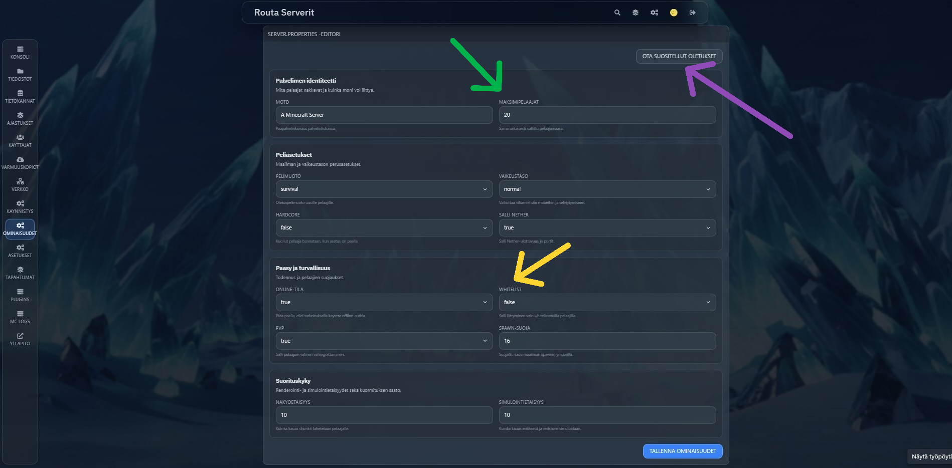Palvelimen ominaisuudet